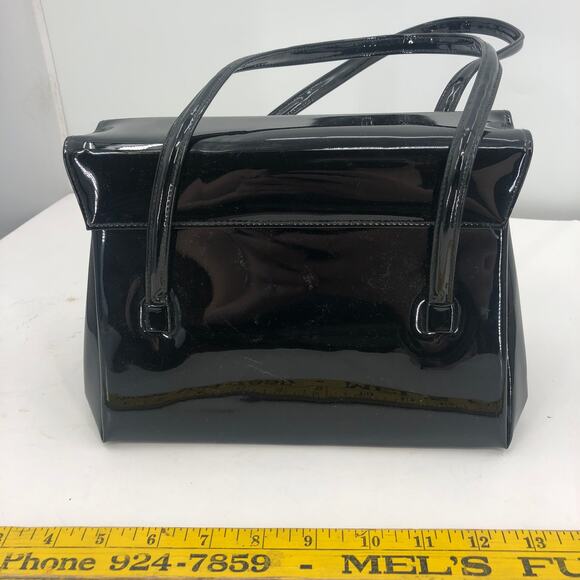 Vintage Lewis Women Handbag Purse Shiny Patent Leather 3 Compartment Black OS - Picture 7 of 13